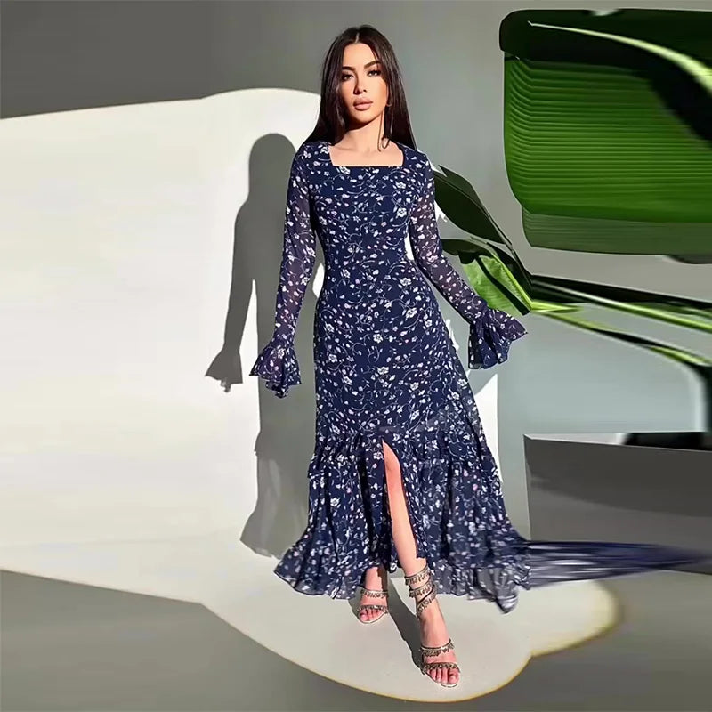 Elegant Printed Chiffon Maxi Dress With Lotus Sleeve Details