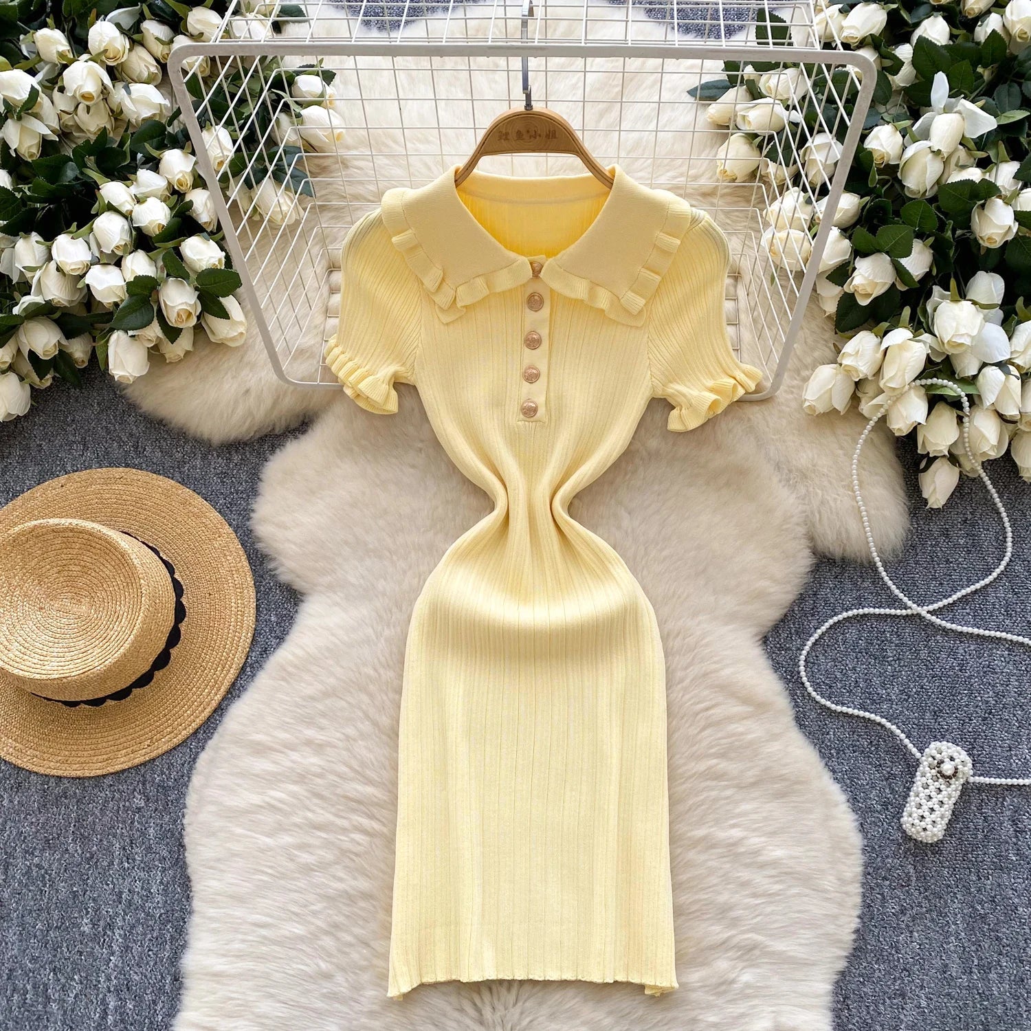 Ruffles Knit Wrap Dress For Women Summer Short Sleeve Casual