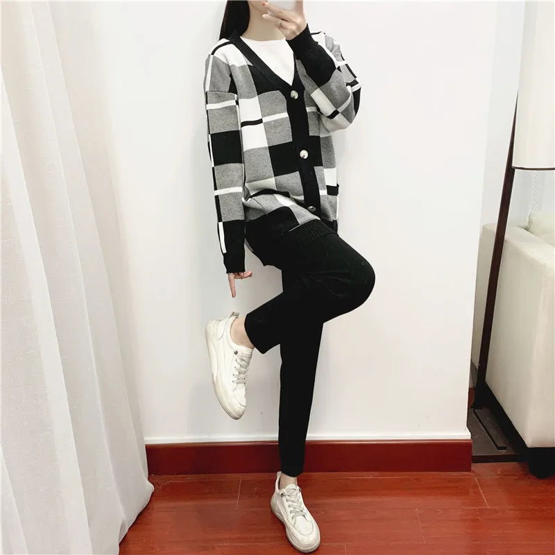 Autumn Winter Women's Plaid Knit Cardigan Tracksuit Set with Short Sleeve Top and Solid Harem Pants 3 Piece Cozy Sweater Coat Ensemble