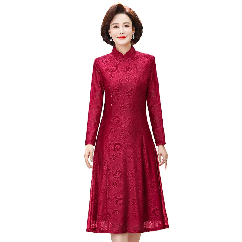 Elegant Lace Dress For Women With Qipao Collar A Line Long