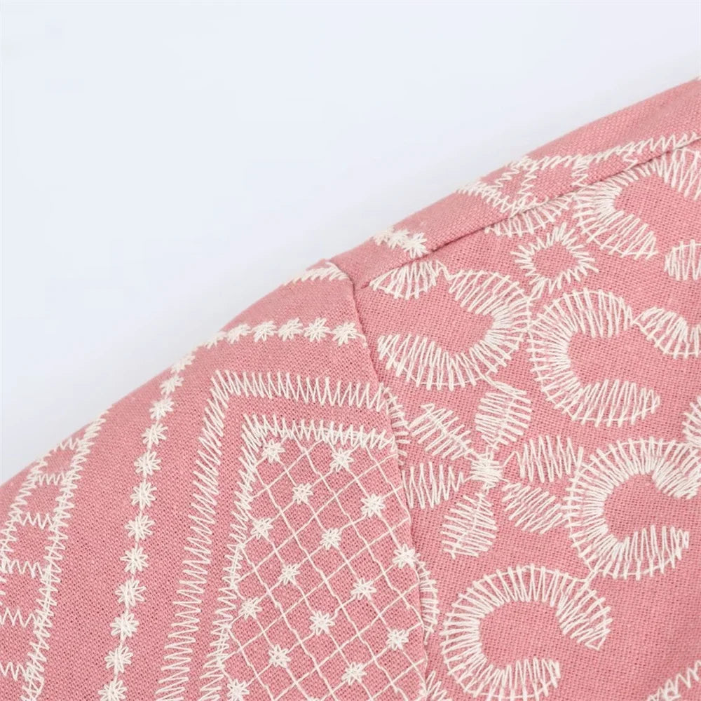 V-Neck Embroidered Kimono Style Mid-Length Windbreaker and High Waisted Straight Leg Pants Set for Women