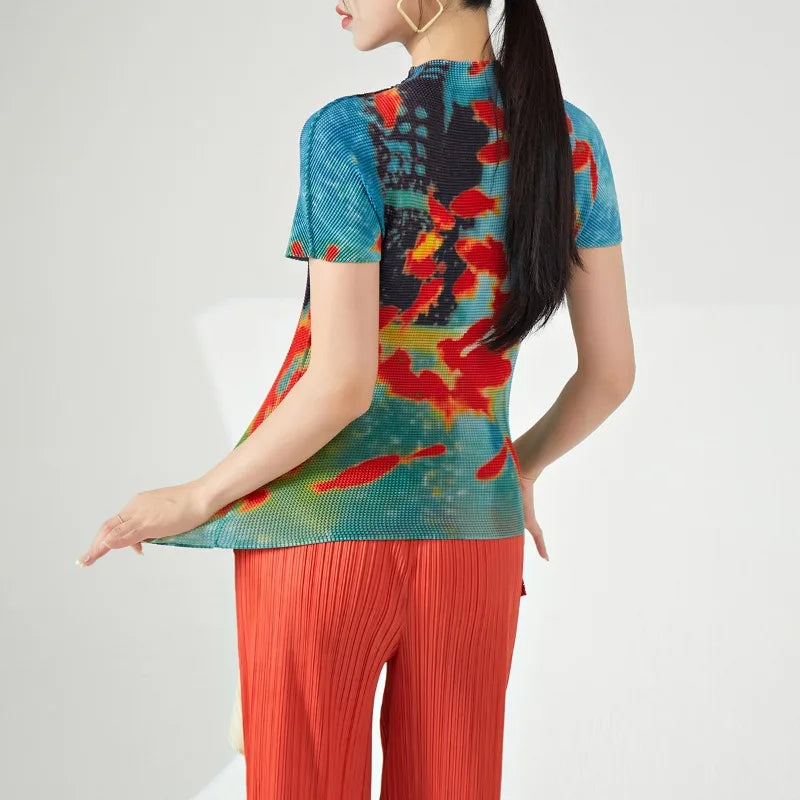 Vintage Fish Print Turtleneck Y2K Women Tees Summer Slim Fit Tops