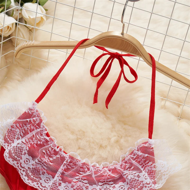 Sexy Lace-Up Lingerie Bodysuit Set with Mini Skirt Backless Patchwork Lace Edge Hollow Cosplay Maid Uniform