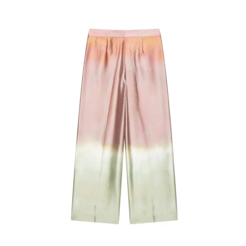 Women Tie Dye Two Piece Set Casual V Neck Waistcoat and Wide Leg Trousers with Shoulder Pads