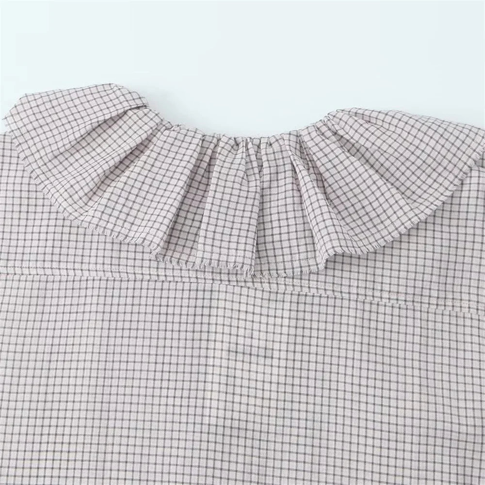 Casual Women's Long Sleeve Loose Fit Layered Small Grid Decorative Shirt for Autumn Versatile Everyday Wear