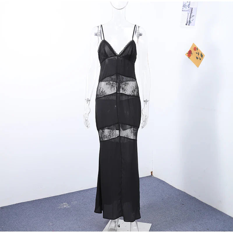Black Backless Lace Maxi Dress For Women See Through