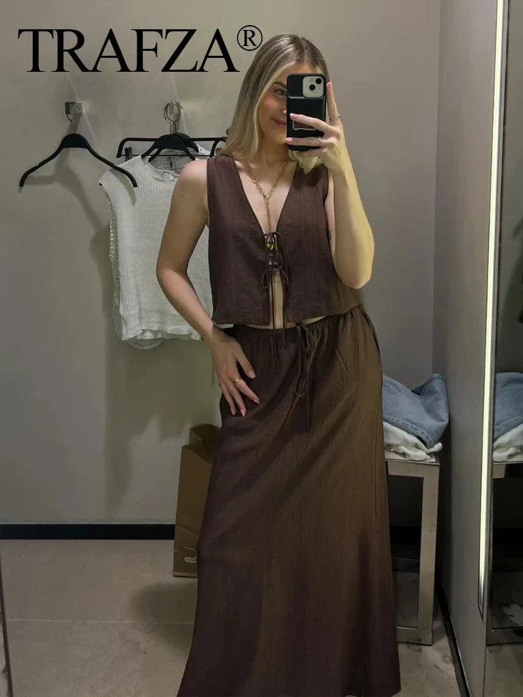 Women Textured Sleeveless Lace-Up Vest Top and High Waist Drawstring Skirt Set with Side Pockets