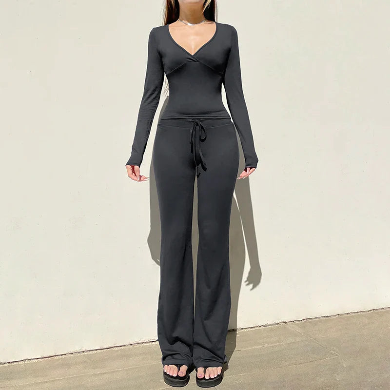 Casual V Neck Long Sleeve Top and Slim Drawstring Full Length Pants Women's Chic Low Waist Two Piece Outfit Set