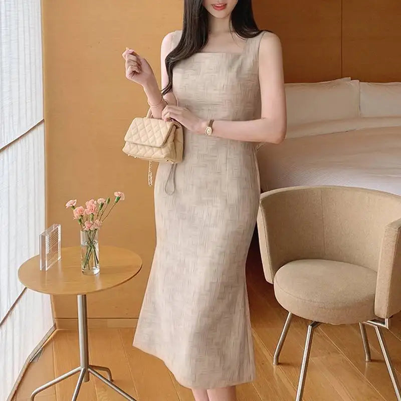 Elegant Sleeveless Square Neck Mermaid Midi Dress for Women