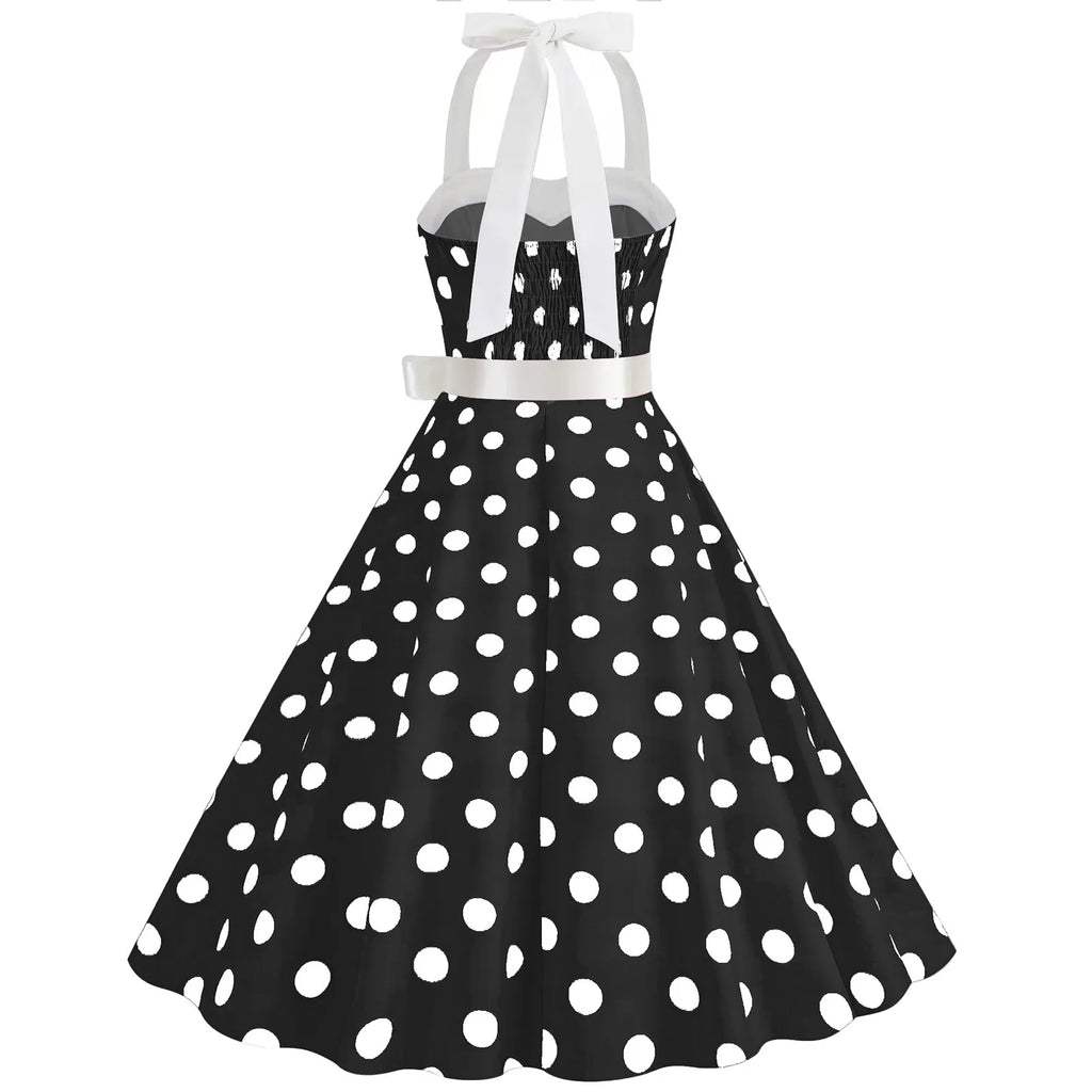 Ladies Vintage Polka Dot Backless Lace Up Swing Dress