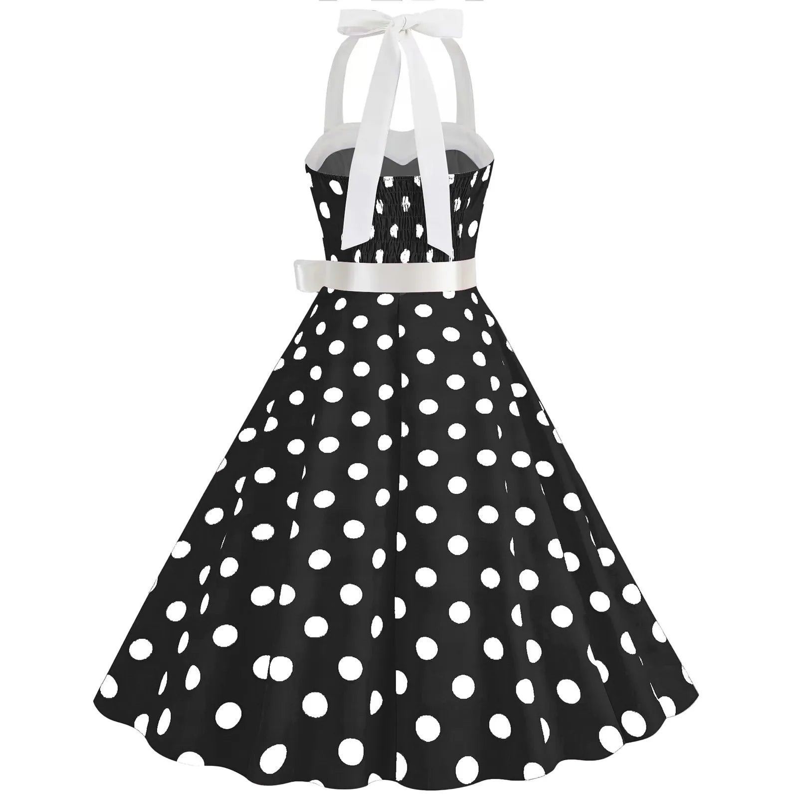 Ladies Vintage Polka Dot Backless Lace Up Swing Dress