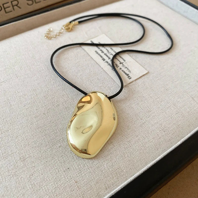 Punk Large U-Shape Geometric Pendant Necklace for Men and Women Adjustable Leather Rope Sweater Chain Jewelry