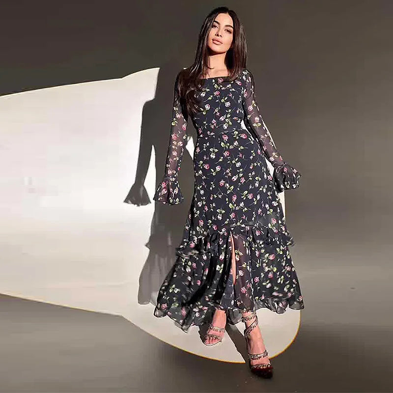 Elegant Printed Chiffon Maxi Dress With Lotus Sleeve Details