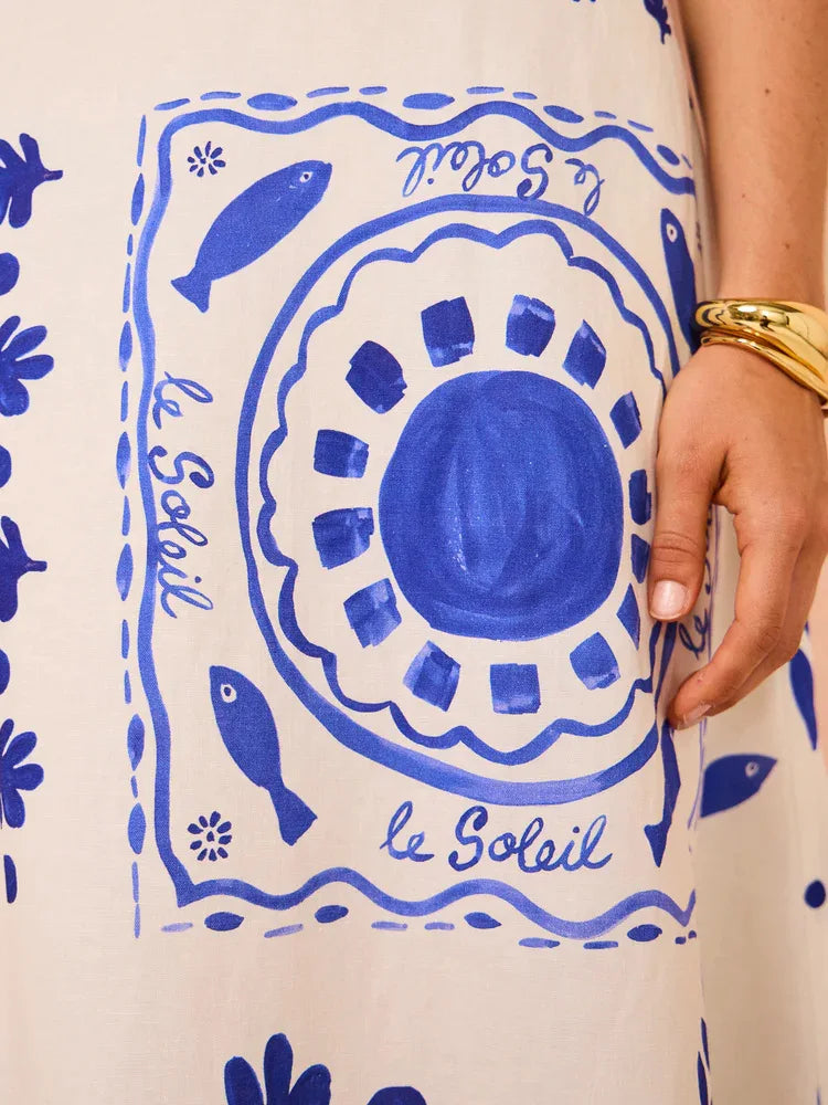 Bohemian Printed Lantern Sleeve Maxi Dress With Collar