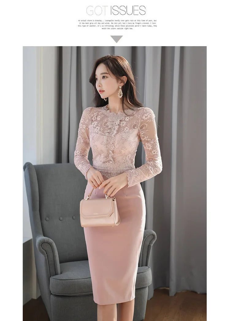 Korean Lace Bodycon Dress Women Office Sheath Pencil