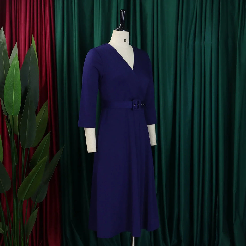 V Neck Office Dress For Women Belted Pleated Mid Calf