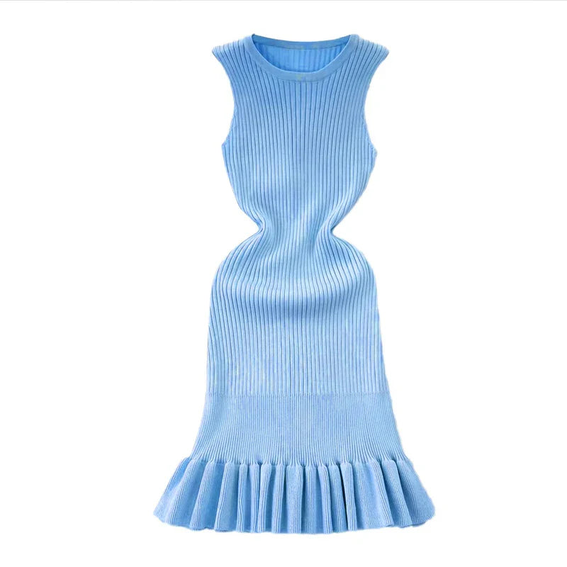 Knitted Mini Dress Women Summer Bodycon Ruffled Elegant
