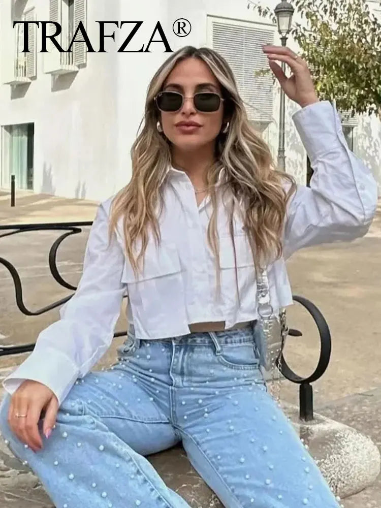 Women's Casual Long Sleeve Solid Blouse with Pockets Loose Fit Versatile Office Shirt Top