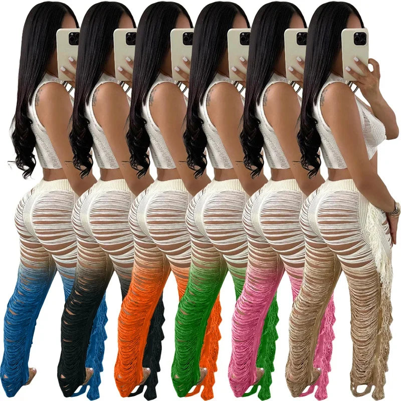 Gradient Color Crochet Two Piece Set for Women Summer Beach Vacation Outfit with Crop Top and Wide Leg Pants