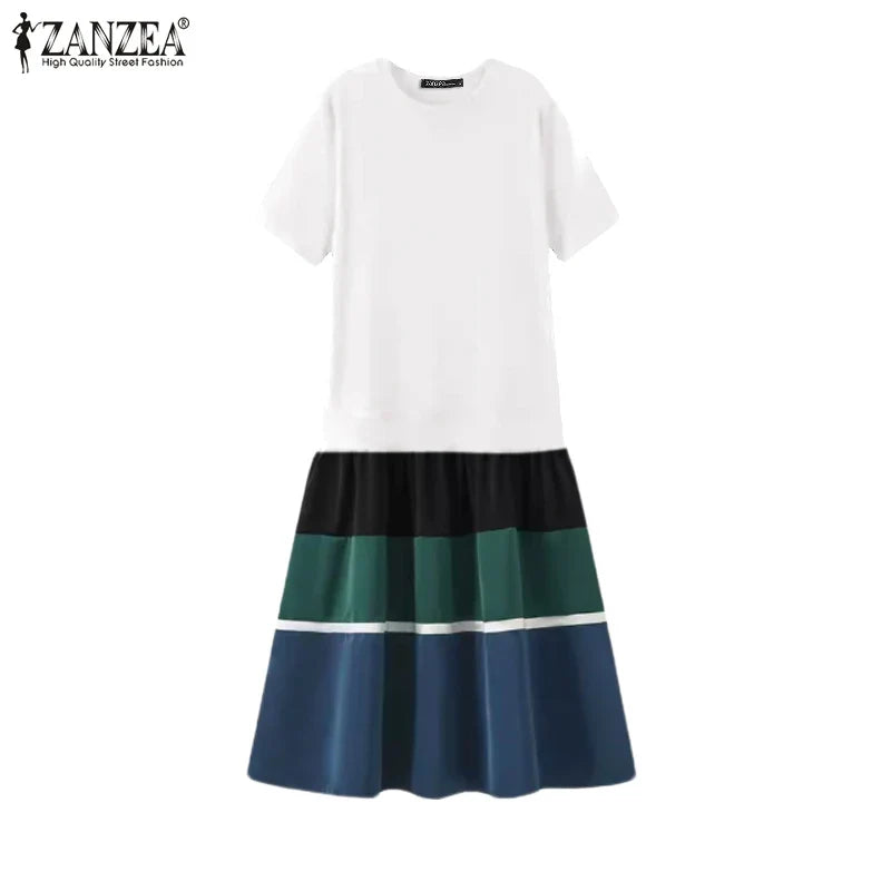 Summer O Neck Sundress With Contrast Patchwork Short Sleeve