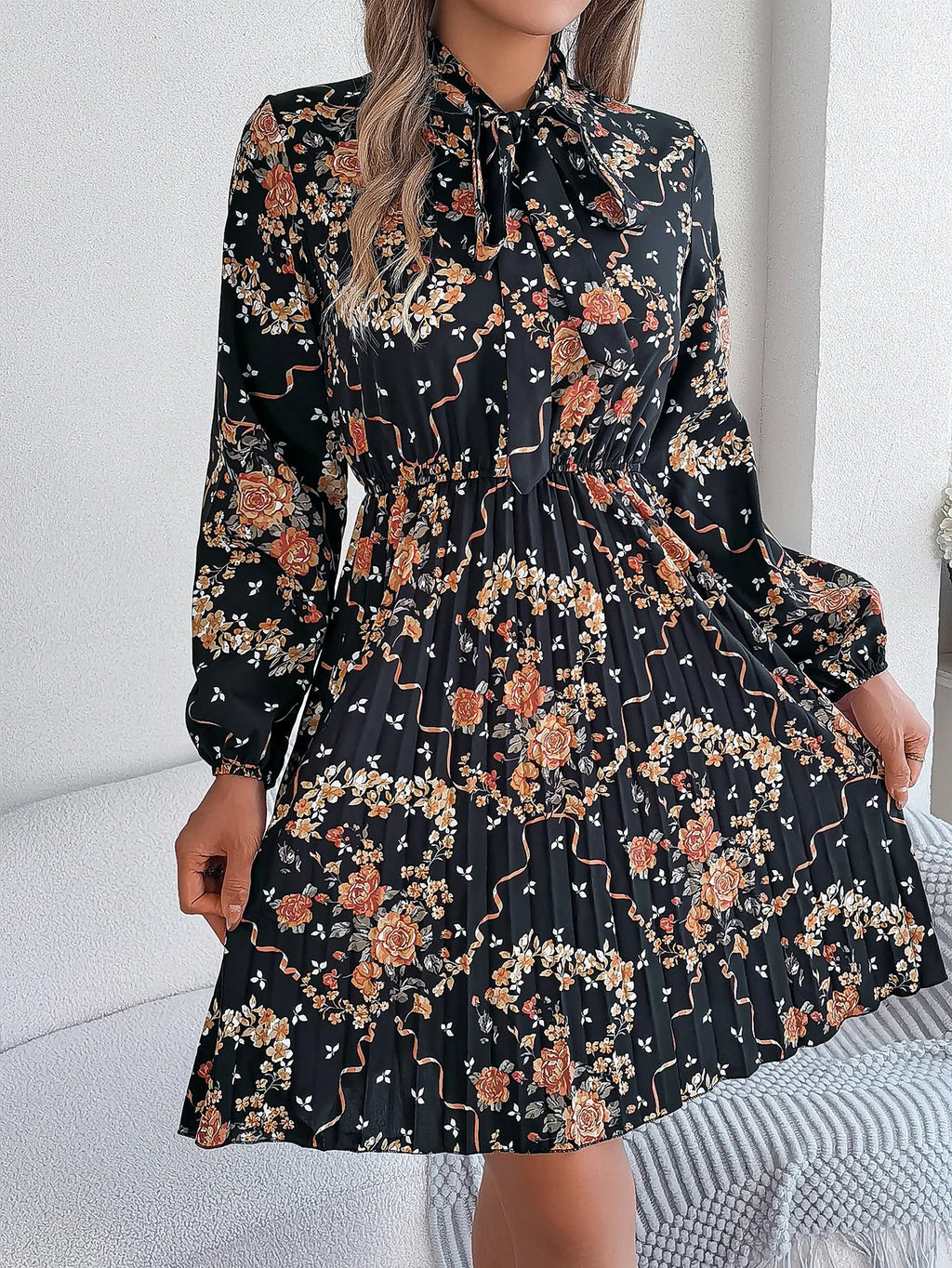 Floral Print Lace Up Long Sleeve Pleated Dress With Bow