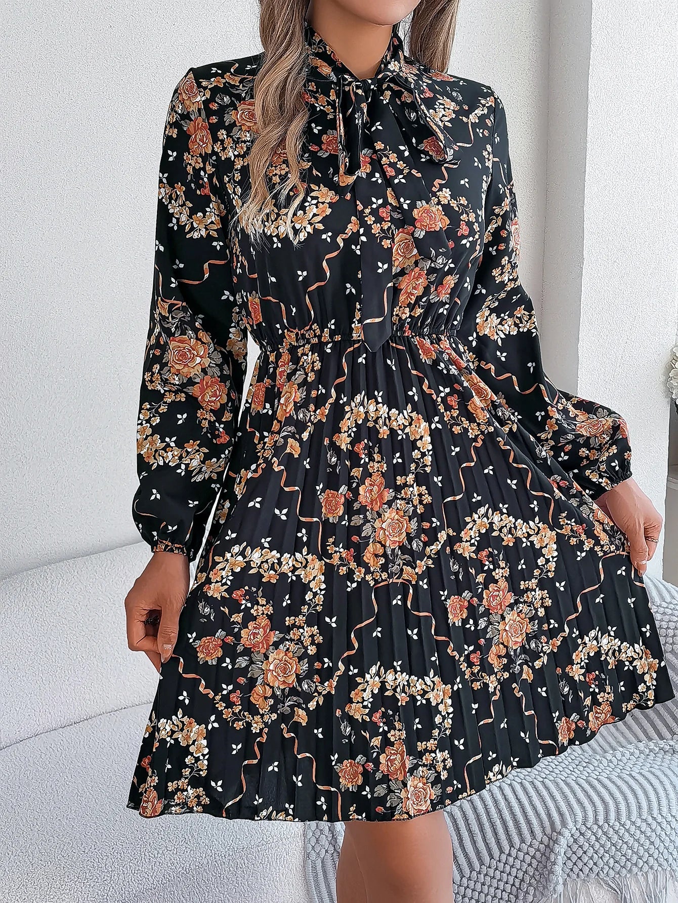 Floral Print Lace Up Long Sleeve Pleated Dress With Bow