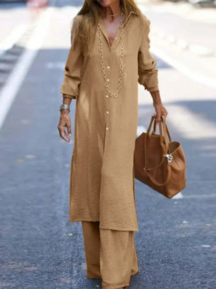 Elegant Women's Long Robe and Wide Leg Pants Two-Piece Set in Solid Color