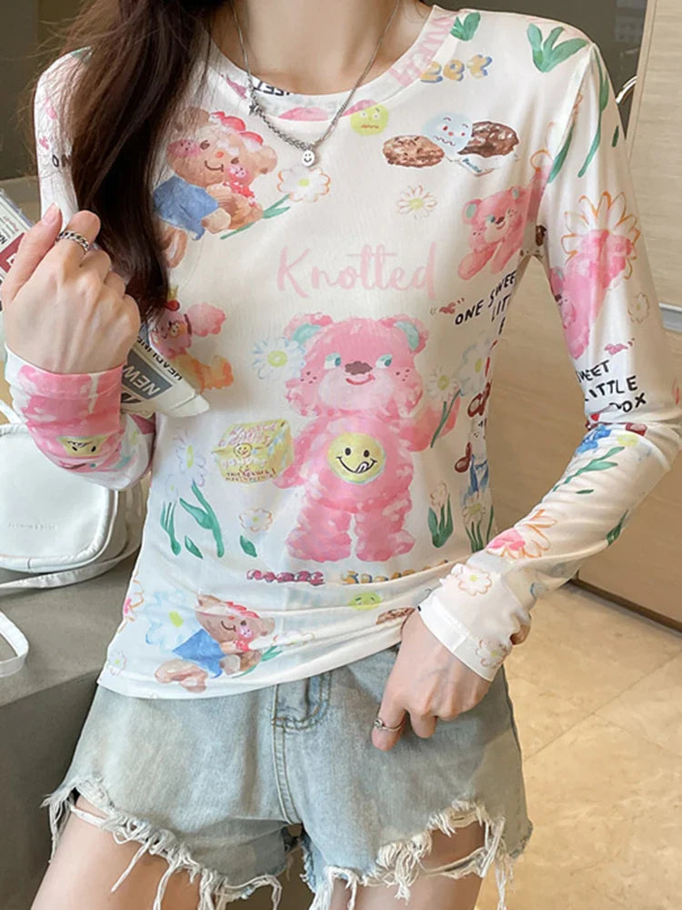 Women's Sexy See-Through Mesh Blouse Long Sleeve Transparent Elegant Printed Shirt Fashion Top