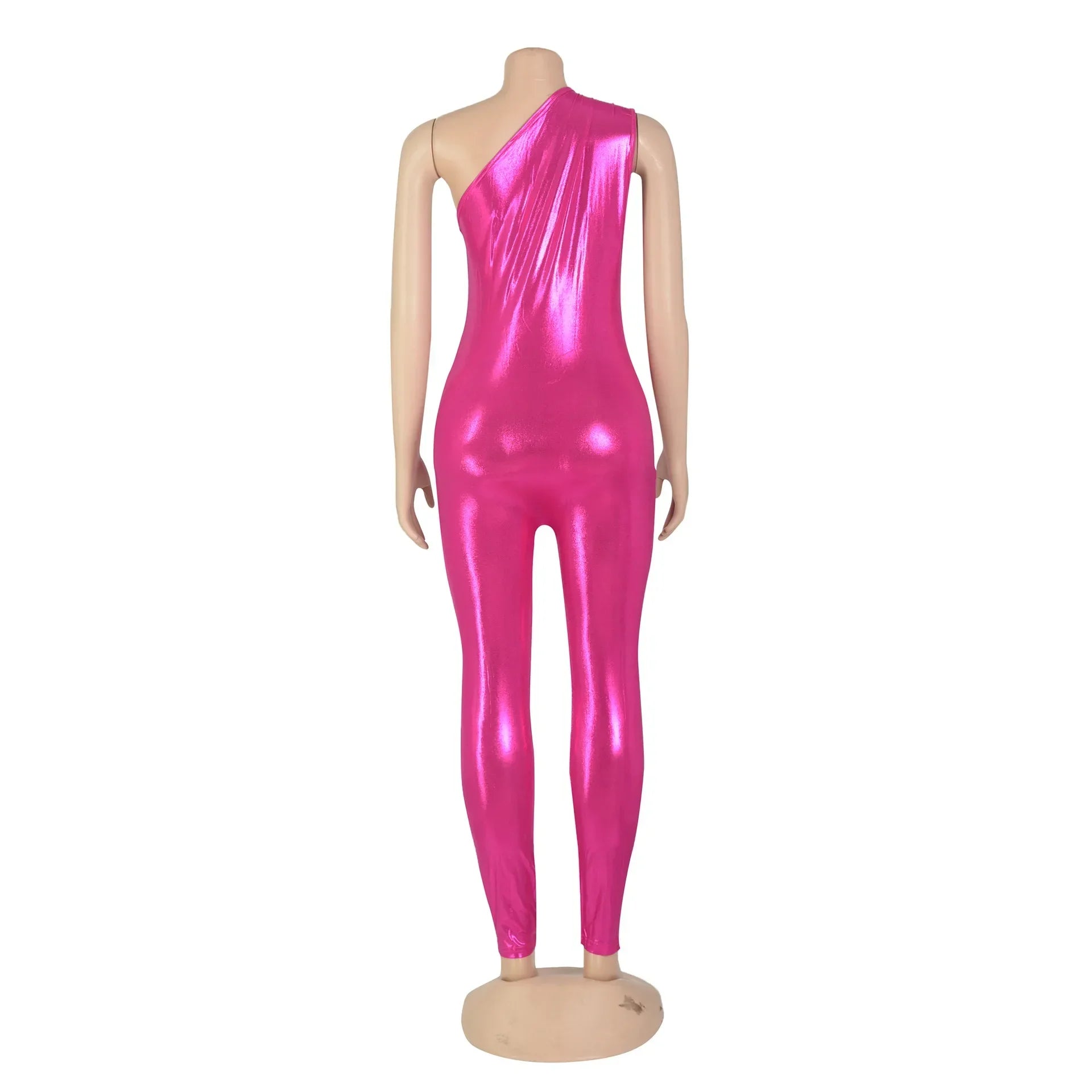 Elegant Shiny Metallic One Shoulder Sleeveless Jumpsuit Romper for Women Party Night Club Outfit