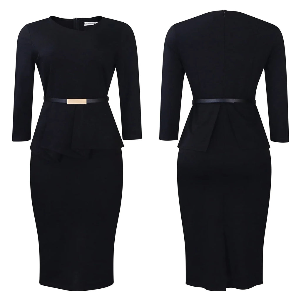Women's Office Dress Sheath Belted Mid Calf Formal Wear