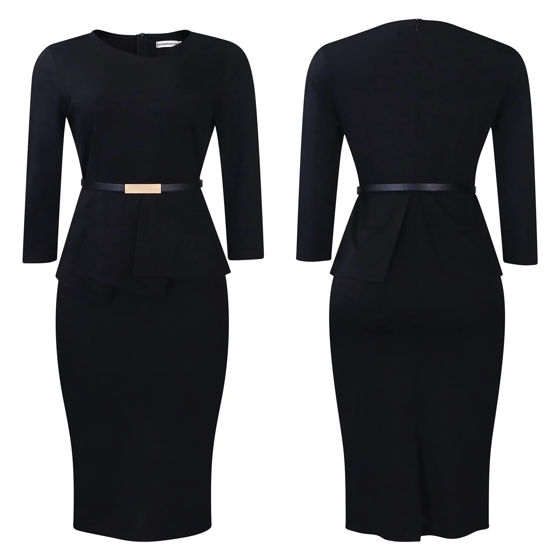 Women's Office Dress Sheath Belted Mid Calf Formal Wear