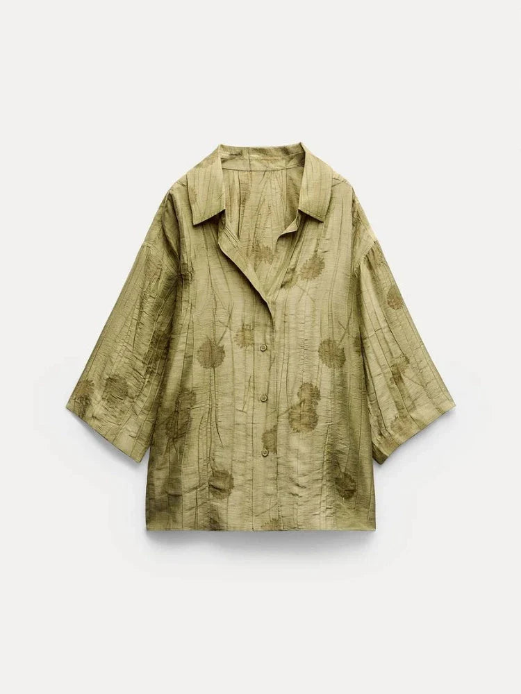 Jacquard Shirt Pants Suit for Women with Lapel Half Sleeve and Pockets, Wide Leg Pant Set for Summer Streetwear