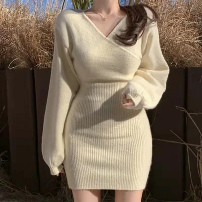 Cross V Neck Knitted Sweater Dress Wrap Style Short Fit