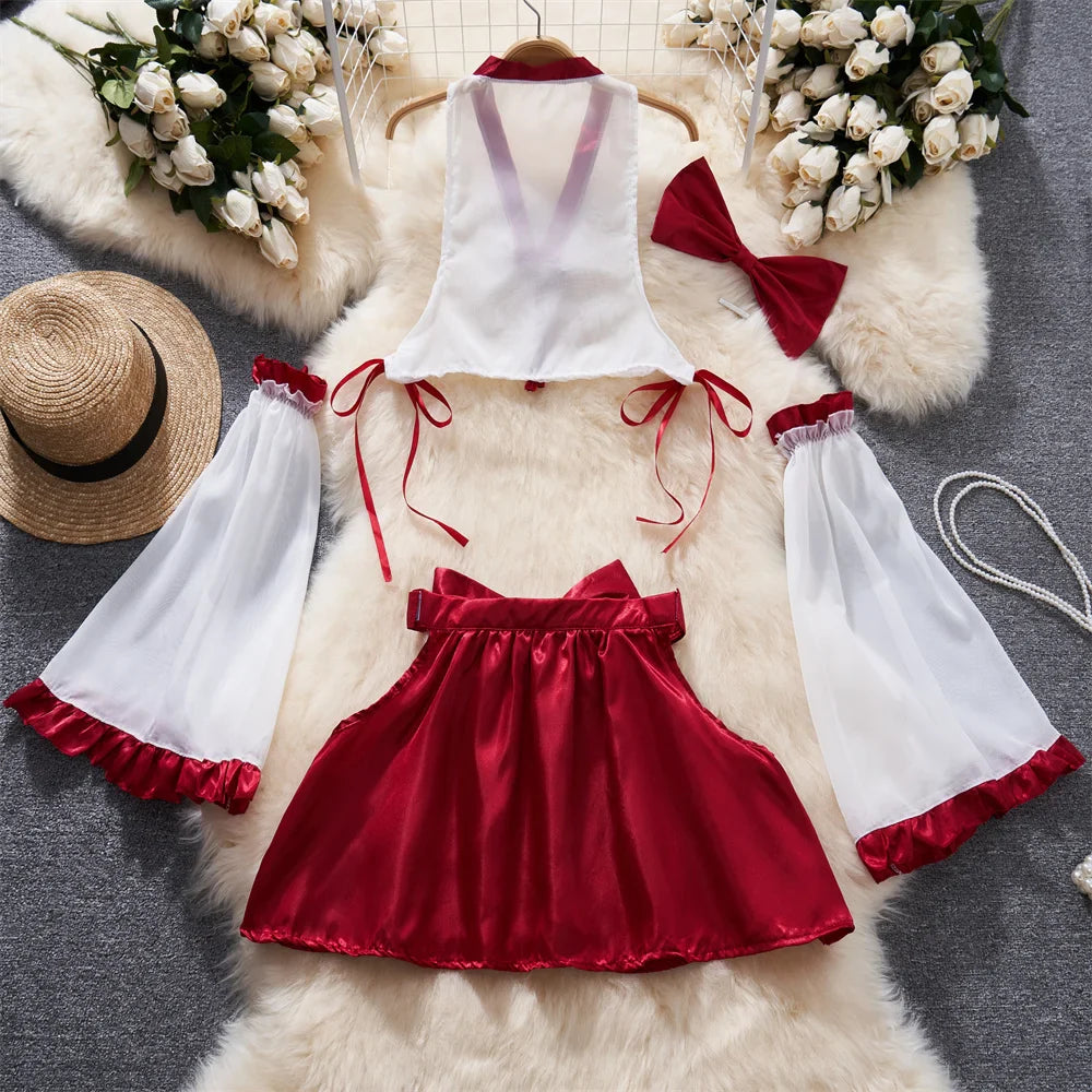 V-Neck Contrast Lace-Up Sheer Ruffle Petal Sleeve Crop Top with Sweet Bow and Red Mini Skirt Set Sexy Women's Sleepwear Pajama