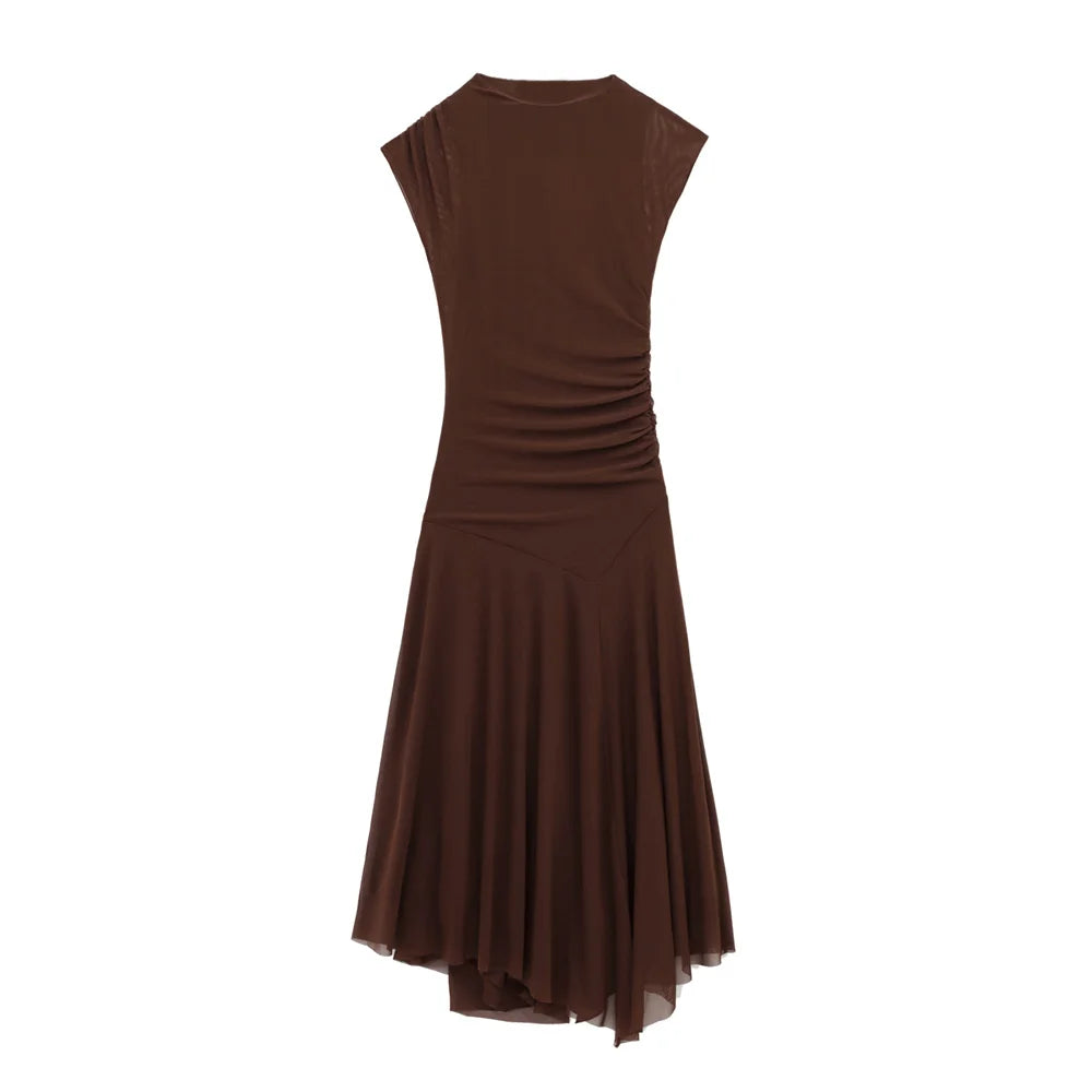 Pleated Silk Mesh Dress With Round Neck For Spring Summer