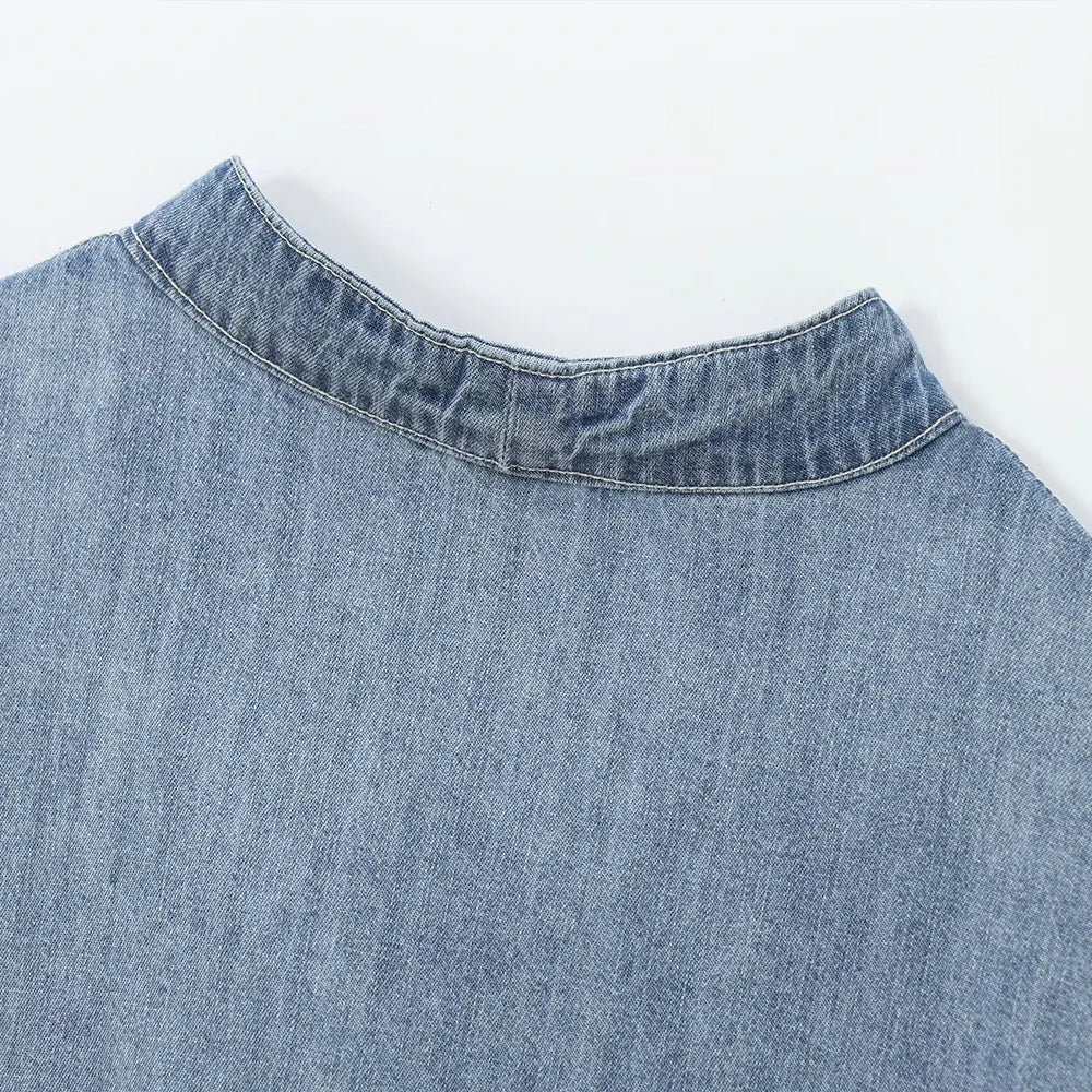 Women's Blue Denim Shirt With Stand Collar Bow Detail Single Breasted Long Sleeve Loose Fit Sweet Solid Casual Top