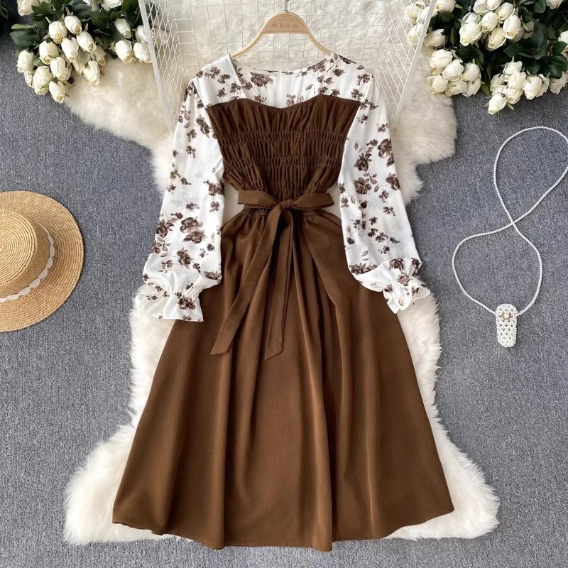Floral Patchwork Chiffon Dress Belted Long Sleeve Women