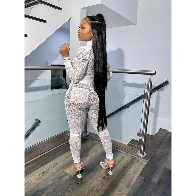 Lace Hollow Out Bodysuit and Pants Set for Women - Slim Fit Midnight Party Bodycon Outfit for Cocktail Events