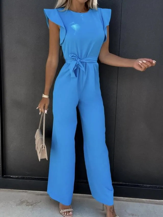 Elegant Lace Up High Waist Jumpsuit for Women with Straight Leg and Ruffle Edge Sleeves in Solid Color
