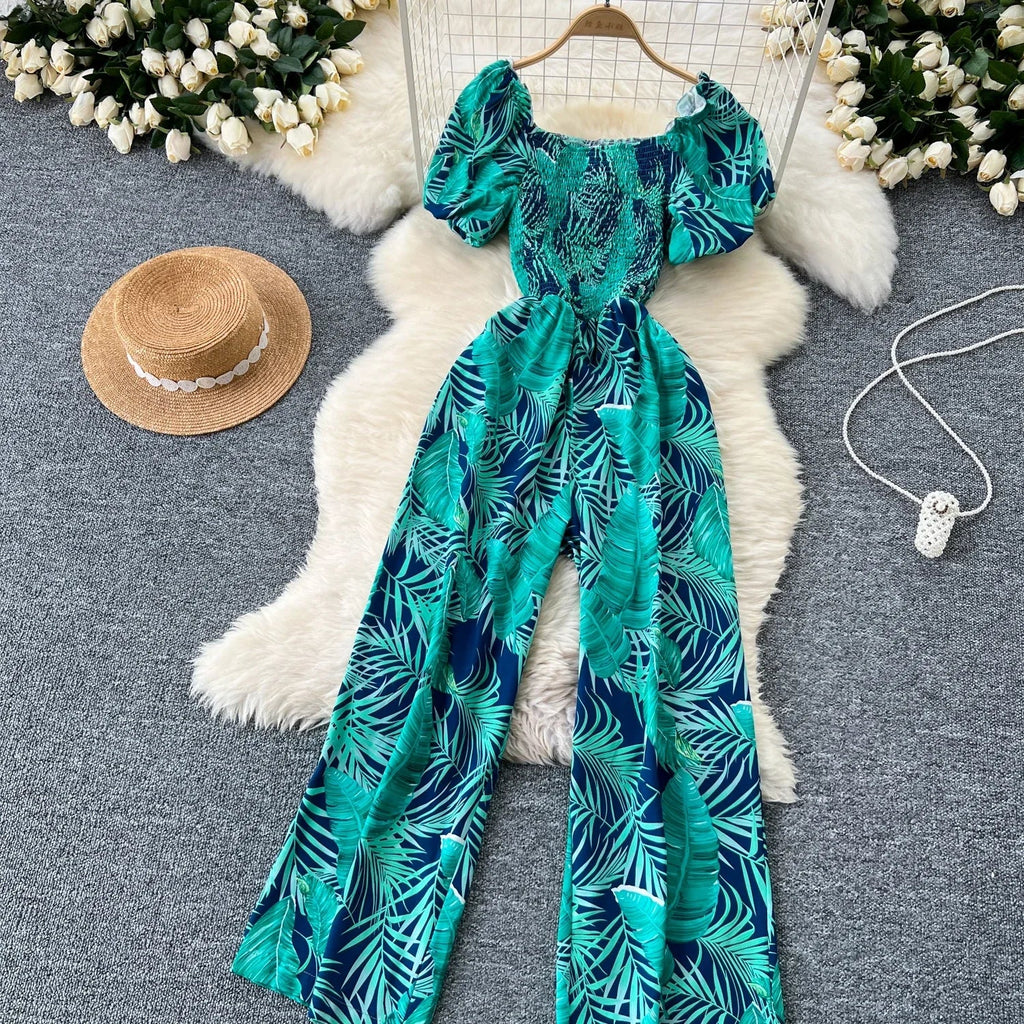 Square Neck Loose Pleated Jumpsuit with Ruffles Backless Design Wide Leg Long Pants Elegant Chic Printed Playsuit for Women