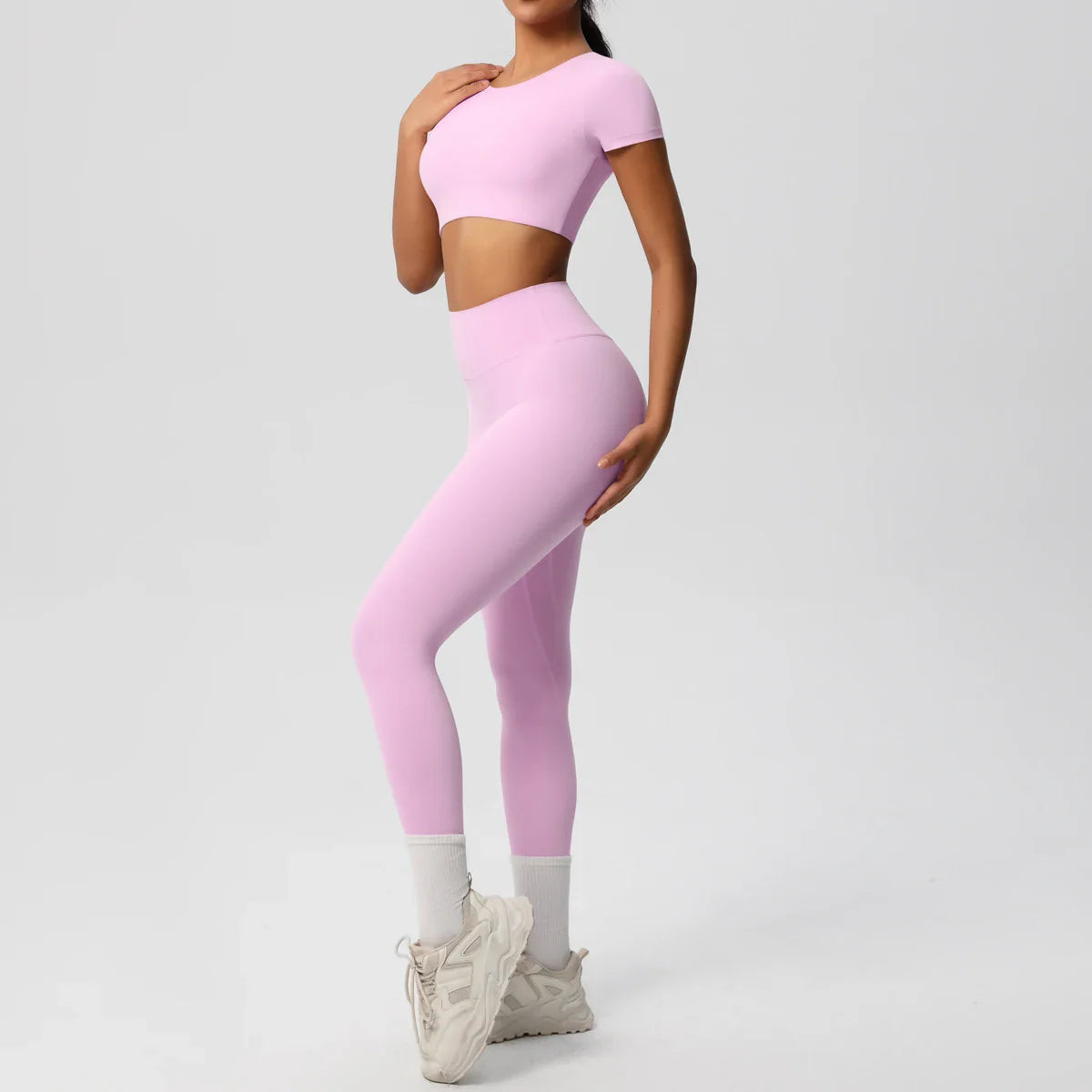 Yoga Set for Women Fitness Sportswear with Short Sleeve Top and High Waist Leggings