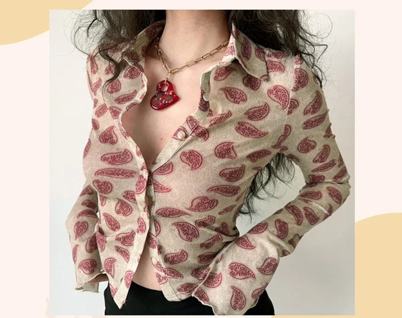 Women Printed Long Sleeve Blouse Turn-Down Collar Button-Up Cardigan Shirt Casual Office Top Vintage Autumn Fashion