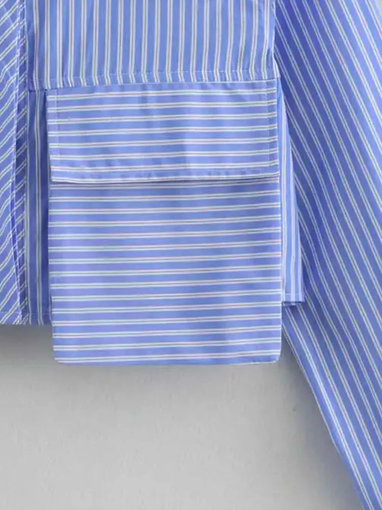 Women's Chic Striped Crop Shirt Long Sleeve Button-Up Blouse with Pockets Casual Fashion Top