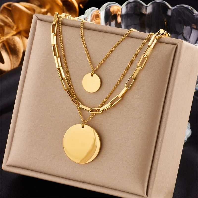 Gold Color 316L Stainless Steel 3in1 Round Pendant Necklace for Women with Multilayer Chain Design