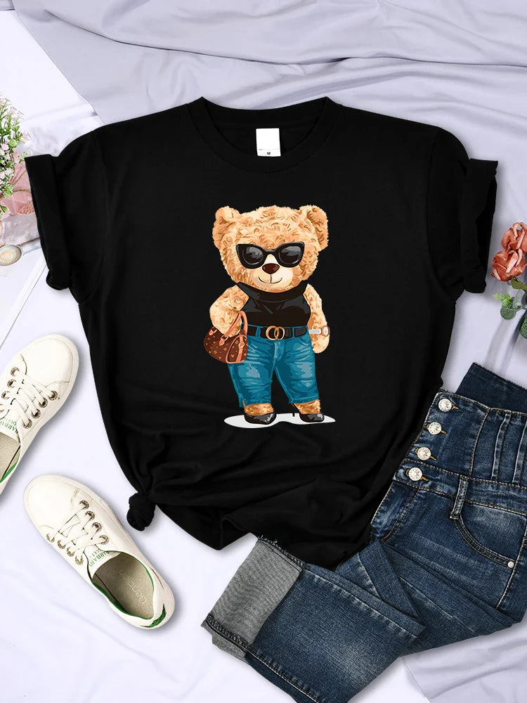 Fashion Teddy Bear Graphic T-Shirt for Women Casual Hip Hop Short Sleeves O-Neck Breathable Summer Tee