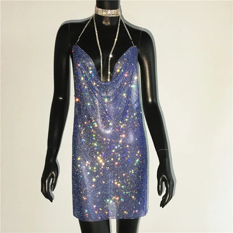 Sequin Rhinestone Backless Mini Dress For Nightclub Party