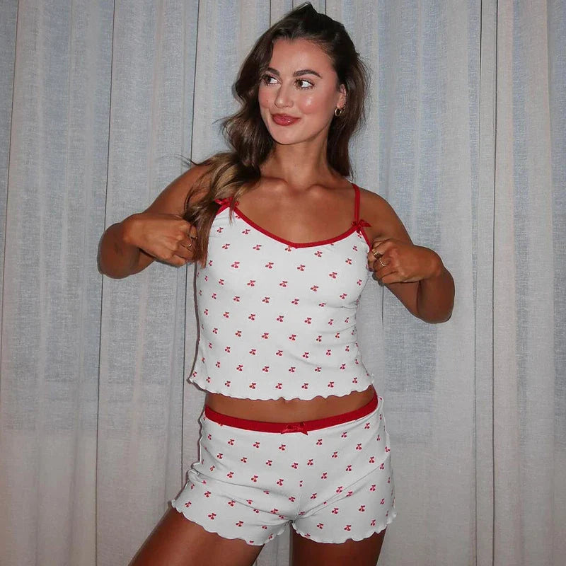 Cherry Print Two-Piece Matching Set with Slim Crop Camisole Top and Bow-Accent Shorts Summer Casual Festival and Workout Outfit for Women