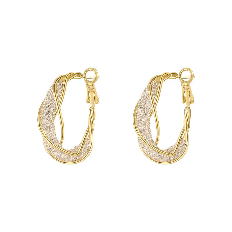 Elegant Shiny Rhinestones Hoop Earrings with Vintage Gold Color Twisted Mesh Design