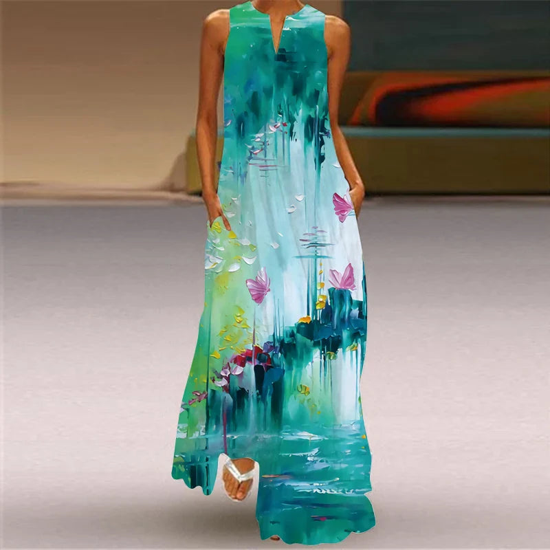 Sleeveless V Neck Printed Maxi Dress for Summer Heat