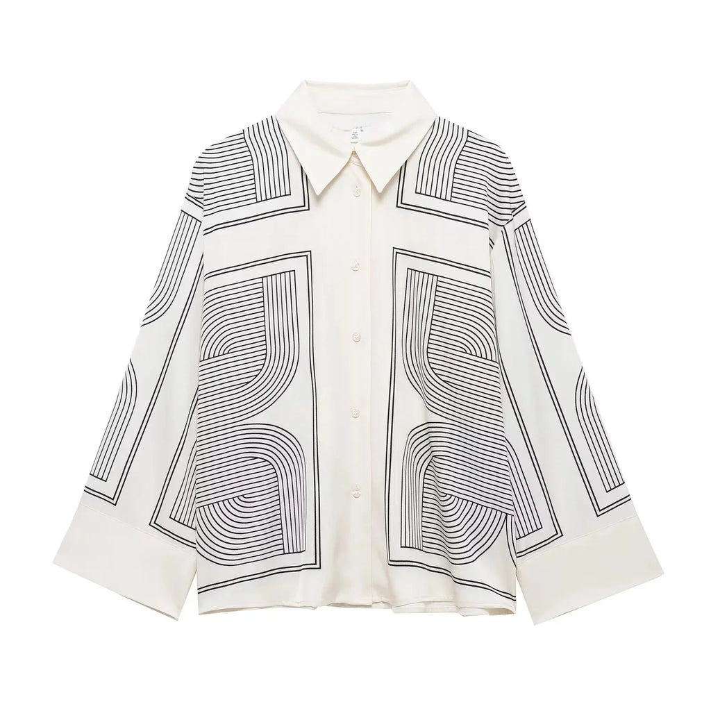 Stylish Women's Suit Set with Long Sleeve Shirt and Wide Leg Pants in Creamy Base and Geometric Patterns